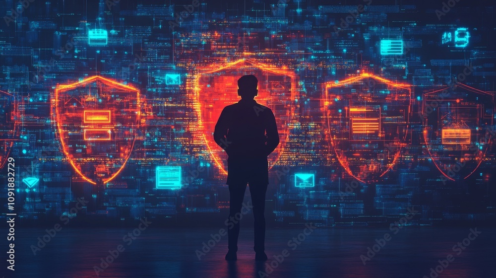 Poster a cybersecurity professional stands silhouetted against a brightly colored digital interface showcas