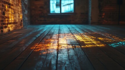 Colorful light patterns on wooden floor
