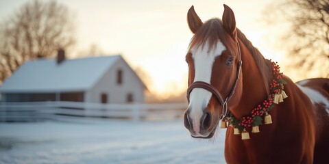 Obraz premium A majestic Shire horse standing in front of a snowy farmhouse, wearing a garland of red berries and golden bells