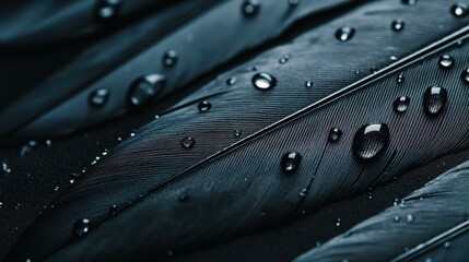 Discover the beauty of nature with this macro view of black feathers and dew drops on an elegant, dark background.
