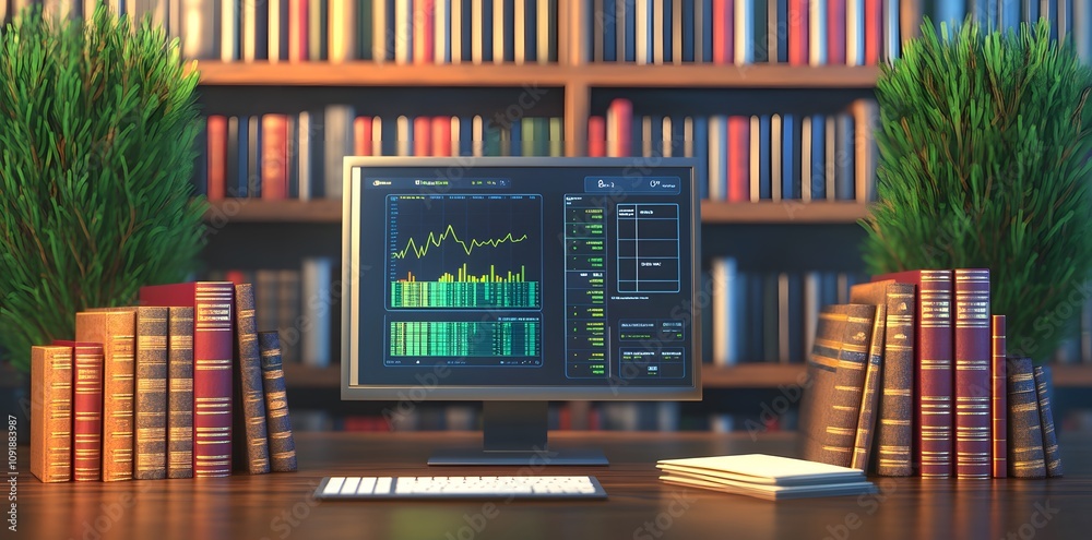 Poster a computer displaying data analysis in a library setting with books and plants.