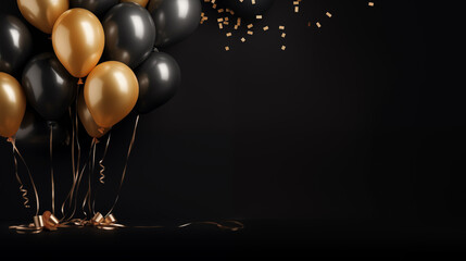 gold Balloon decoration in black background. Concept of birthday celebration, party, new year, christmas with sparkling shards. Used for template or background, banner.
