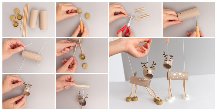 Christmas DIY reindeer puppet tutorial collage with cardboard tubes and bottle caps. Step-by-step assembly process for holiday project. Perfect for educational guide or seasonal craft instruction
