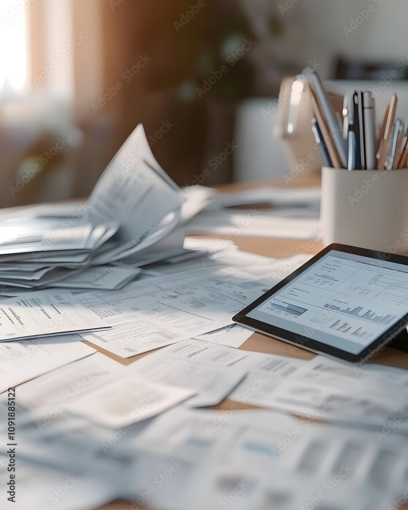 Poster a cluttered workspace with documents and a tablet displaying data analysis.