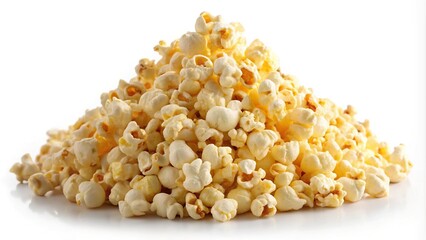 Wide-angle view of a pile of popcorn with butter on a white background