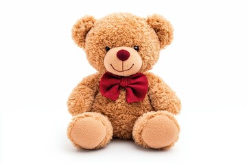 A cute, plush teddy bear with a red bow, exuding warmth and comfort, perfect for cuddles and gifts.