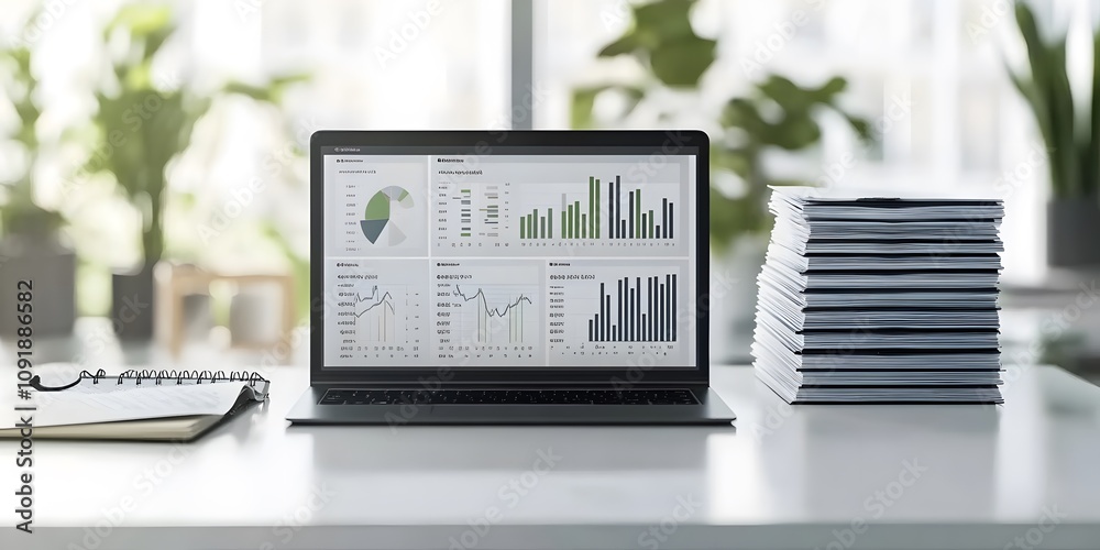 Poster a laptop displaying data analytics beside a stack of documents in a modern workspace.