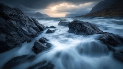 Dramatic coastal sunset, waves crashing on dark rocks.