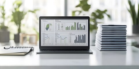 A laptop displaying data analytics beside a stack of documents in a modern workspace.