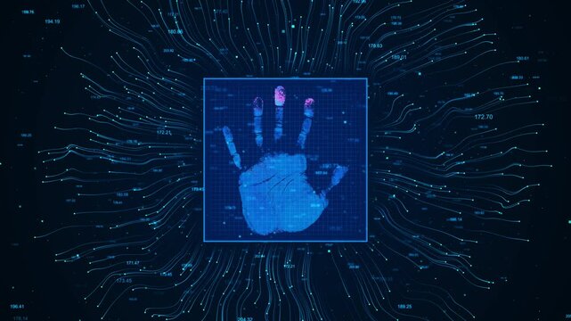 Biometric handprint reader scan Moving frame security and password control. Human identification and security control concept. authentication scanning payment and verification wireframe motion