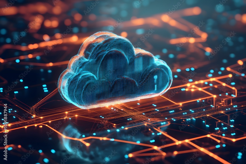 Poster a digital cloud symbol with a key, representing cloud computing and data security.
