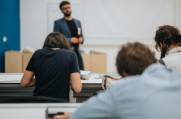 A classroom setting where students are engrossed in assignments while a professor provides...
