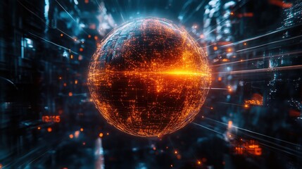 Obraz premium Globe constructed from light lines, dense network nodes, futuristic, cyber, AI-focused theme, ultra-realistic detail 