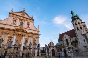 Fototapeta premium Krakow Old Town St. Mary's Basilica Main Market Square St Florians gate and Barbakan Royal Castle St. Joseph's Church