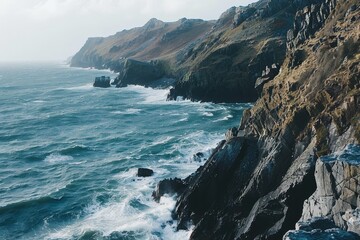 Powerful waves surge against the steep cliffs of a rocky coastline, with turbulent waters...