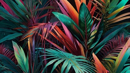 Fototapeta premium Tropical and palm leaves in vibrant bold gradient holographic colors. Concept art. Minimal surrealism