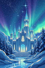 Majestic fantasy castle illuminated by northern lights, surrounded by snowy landscape and trees