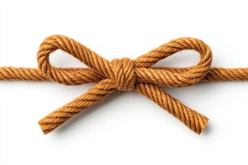 A close-up of a neatly tied bow knot made of brown rope on a white background, showcasing its texture and craftsmanship.