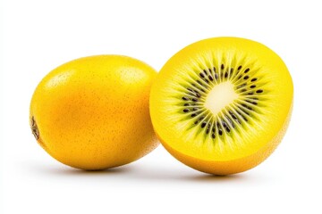 Fototapeta premium Two yellow kiwis, one whole and one sliced, showcasing their vibrant color and unique pattern, set against a clean white background.