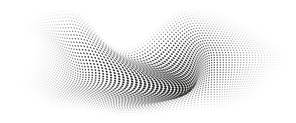 Fototapeta premium Flowing Wave Dot Halftone Pattern: Curve Gradient Shape on Transparent Background. Suitable for AI, Tech, Network, Digital, Science, and Technology Themes.