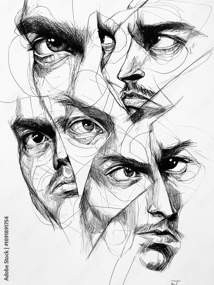 Fototapete black and white ink portraits capture various faces, emphasizing deep emotions through strong shadow
