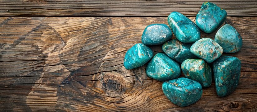 Cyan Colored Chrysocolla Mineral on Wooden Surface