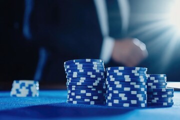Naklejka premium Poker table with stacked blue chips in dim lighting setting