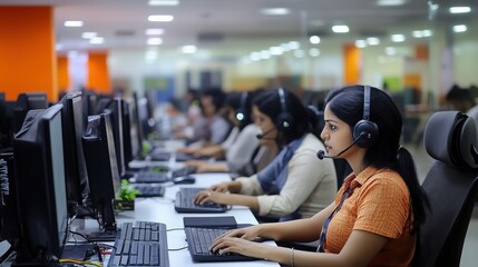 Indian customer service representatives working in busy office