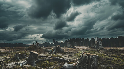 Dramatic Landscape of a Devastated Forest with Fallen Trees Against a Moody Sky Filled with Dark Clouds and an Air of Desolation and Rebirth