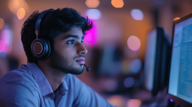Focused programmer working late at night on computer code