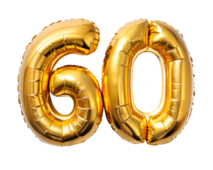 golden foil balloon for birthday in the shape of the number 60, isolated on the white background