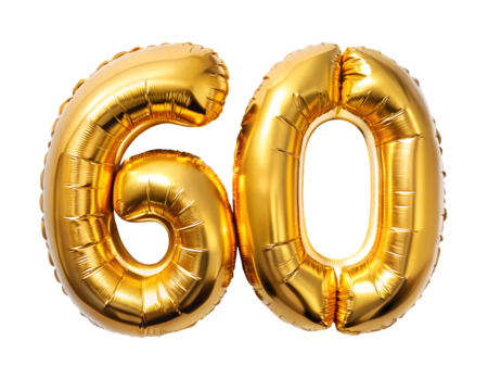 golden foil balloon for birthday in the shape of the number 60, isolated on the white background