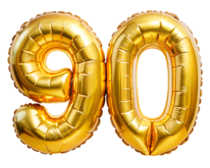 golden foil balloon for birthday in the shape of the number 90, isolated on the white background