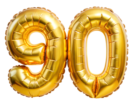 golden foil balloon for birthday in the shape of the number 90, isolated on the white background