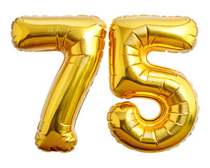 golden foil balloon for birthday in the shape of the number 75, isolated on the white background