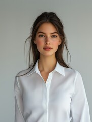Fototapeta premium Young businesswoman wearing white shirt posing in studio