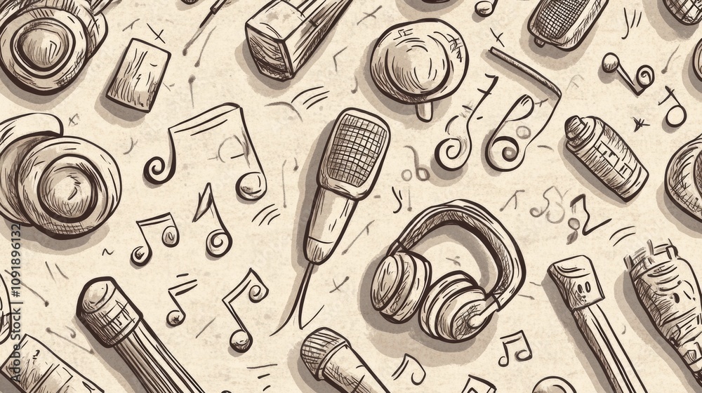 Poster this doodle pattern showcases a variety of musical instruments, notes, and sound waves, perfect for 