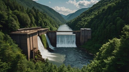 Fototapeta premium Water cascades beautifully over a dam surrounded by lush mountains in a serene landscape