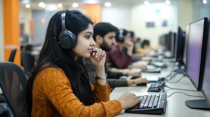Focused indian customer service representative working in busy call center