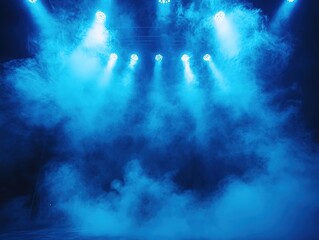 Naklejka premium Vibrant blue stage lights shining through foggy atmosphere, concept for concert promotion, live event advertising and nightclub ambiance