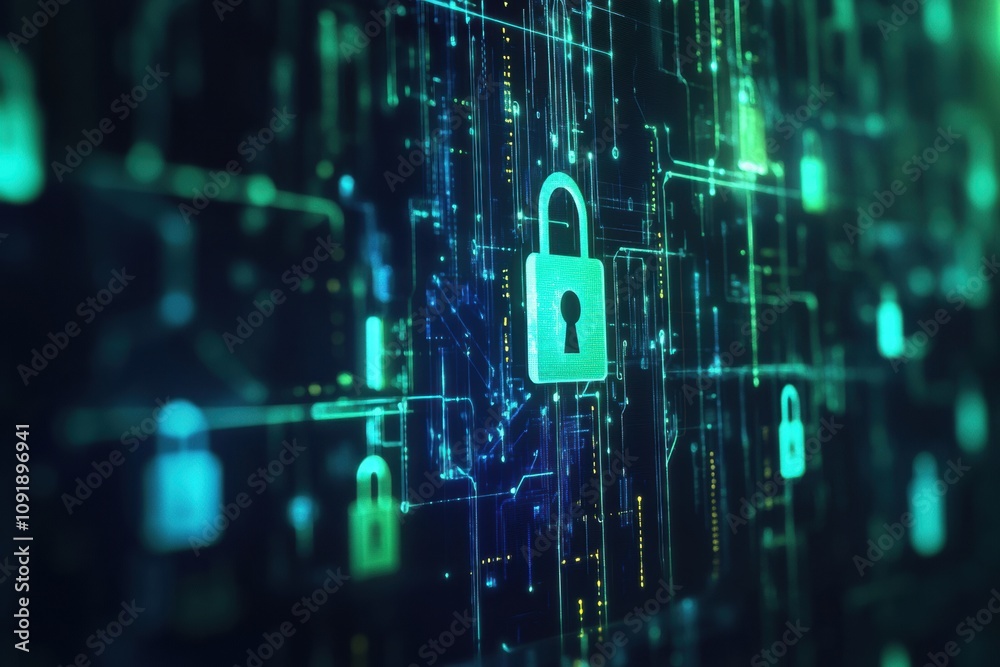 Poster a blend of padlocks and keys creates a digital abstract background filled with glowing elements and 