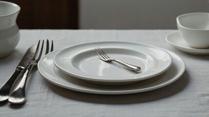 Elegant dining setup with white tableware and cutlery arranged for a meal in a cozy atmosphere