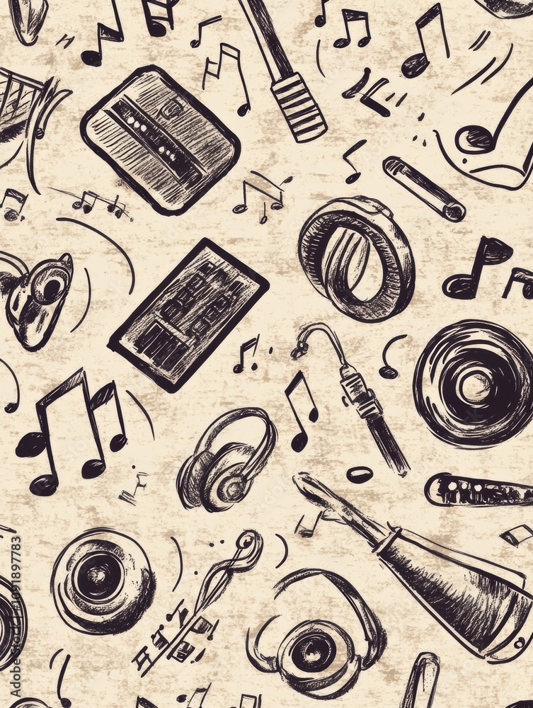 Aufkleber this doodle pattern showcases a variety of musical instruments, notes, and sound elements, creating 
