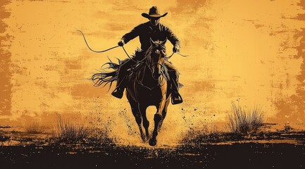 Cowboy riding horse at sunset, splashing water, dust, western.