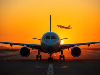 Obraz premium Airplanes taxiing at sunset with a vibrant orange sky in the background