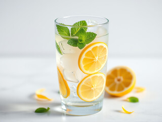 Fototapeta premium Refreshing drink made with fresh lemons and mint served in a clear glass with ice