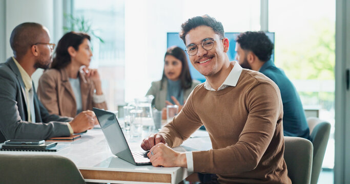Businessman, portrait and laptop in meeting with research, proposal and planning at finance job. Office, accountant or online bookkeeper with website for company revenue, growth and internship