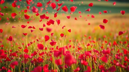 Fototapeta premium A delicate shower of red rose petals falls gently across a meadow landscape, petal trail, field, red roses