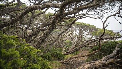 Obraz premium A dense thicket of twisted, gnarled tree branches, overgrown vegetation, humid, somber