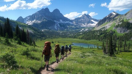 Backpackers hiking a scenic mountain trail